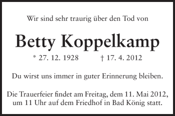 Traueranzeige von Betty Koppelkamp von Odenwälder Echo