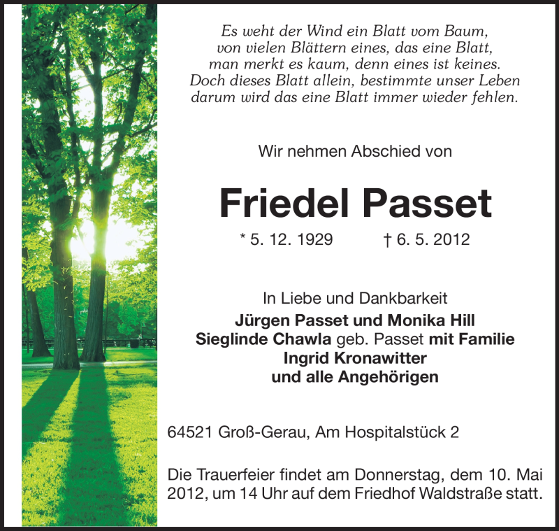  Traueranzeige für Friedel Passet vom 08.05.2012 aus Rüsselsheimer Echo, Groß-Gerauer-Echo, Ried Echo