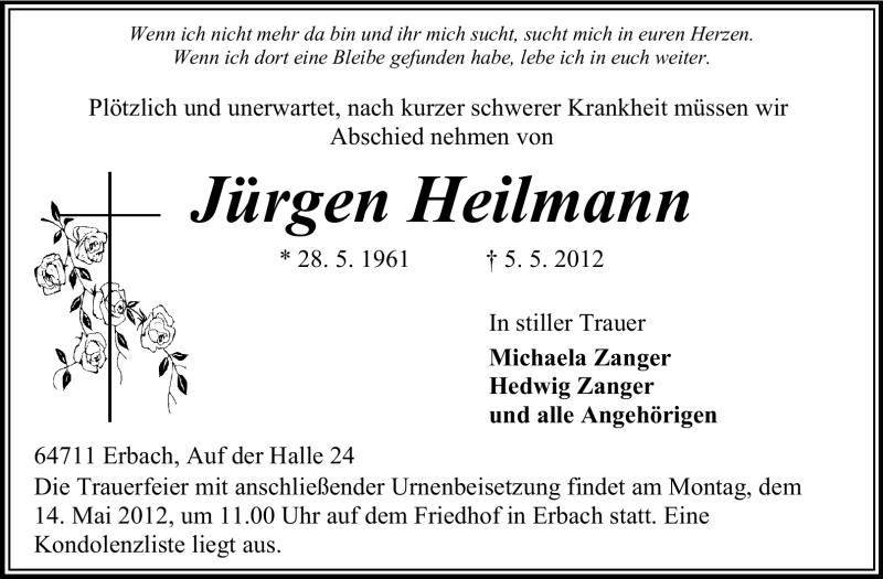  Traueranzeige für Jürgen Heilmann vom 09.05.2012 aus Odenwälder Echo