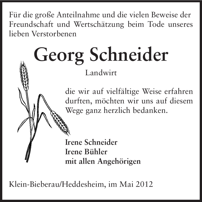  Traueranzeige für Georg Schneider vom 09.05.2012 aus Echo-Zeitungen (Gesamtausgabe)