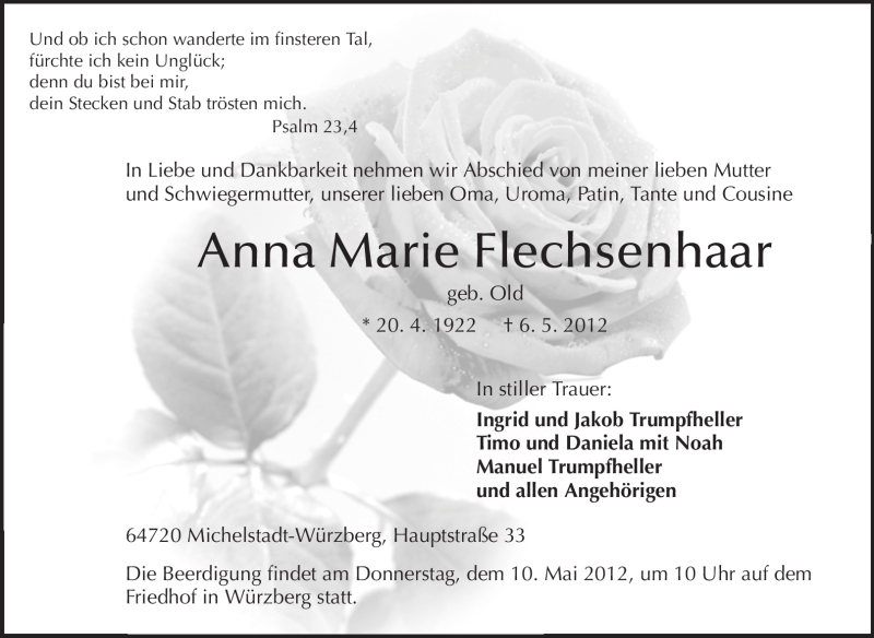  Traueranzeige für Anna Marie Flechsenhaar vom 09.05.2012 aus Odenwälder Echo