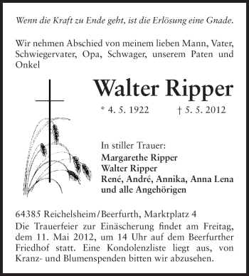Traueranzeige von Walter Ripper von Odenwälder Echo