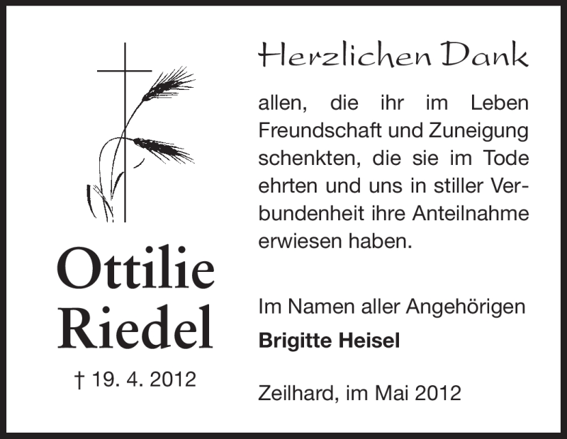  Traueranzeige für Ottilie Riedel vom 12.05.2012 aus Echo-Zeitungen (Gesamtausgabe)