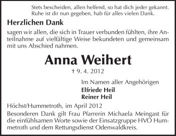 Traueranzeige von Anna Weihert von Darmstädter Echo, Odenwälder Echo, Rüsselsheimer Echo, Groß-Gerauer-Echo, Ried Echo