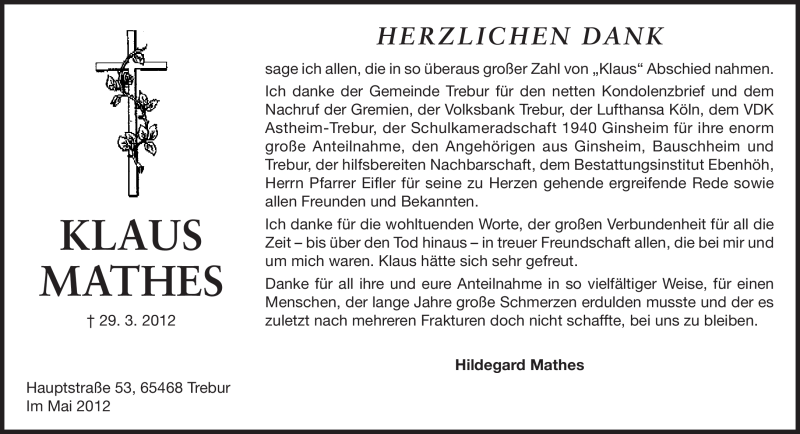  Traueranzeige für Klaus Mathes vom 09.05.2012 aus Rüsselsheimer Echo, Groß-Gerauer-Echo, Ried Echo