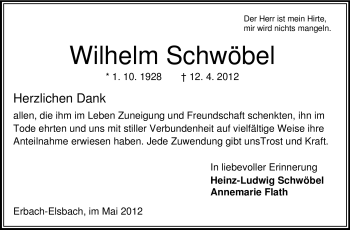 Traueranzeige von Wilhelm Schwöbel von Odenwälder Echo