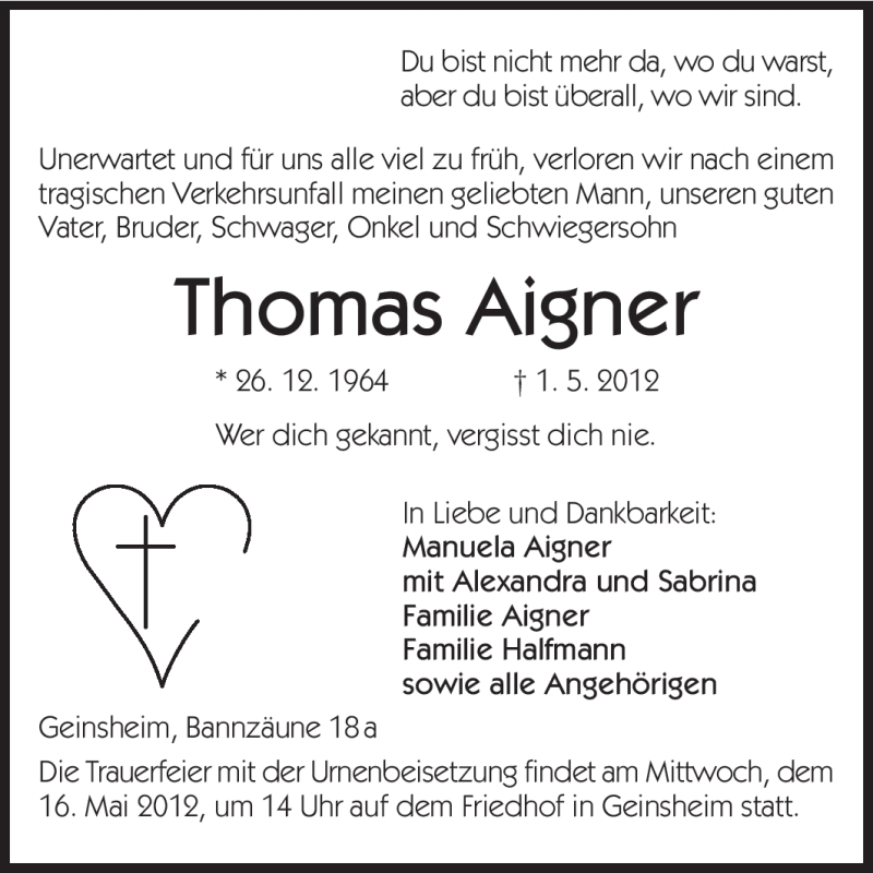  Traueranzeige für Thomas Aigner vom 12.05.2012 aus Rüsselsheimer Echo, Groß-Gerauer-Echo, Ried Echo