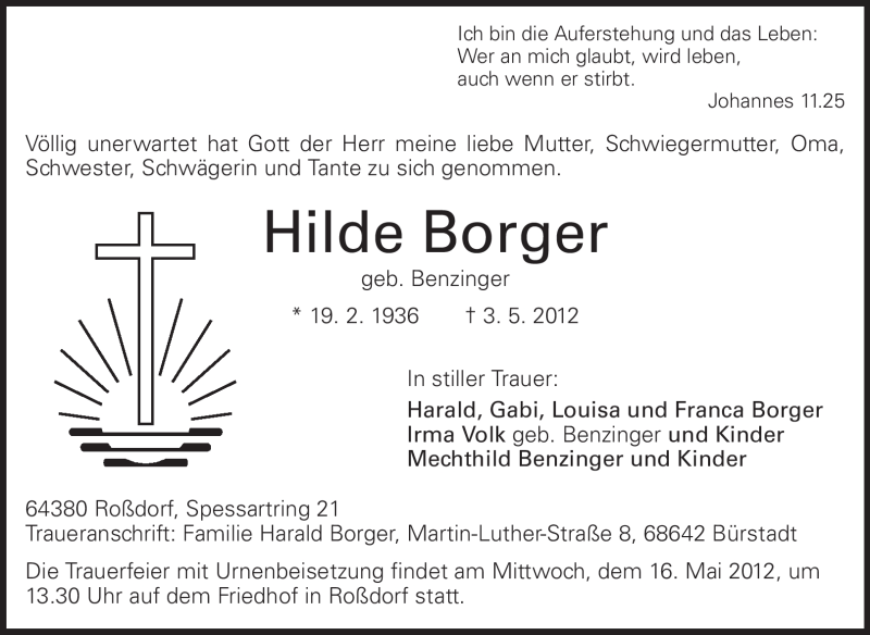  Traueranzeige für Hilde Borger vom 12.05.2012 aus Echo-Zeitungen (Gesamtausgabe)
