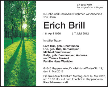 Traueranzeige von Erich Brill von Starkenburger Echo