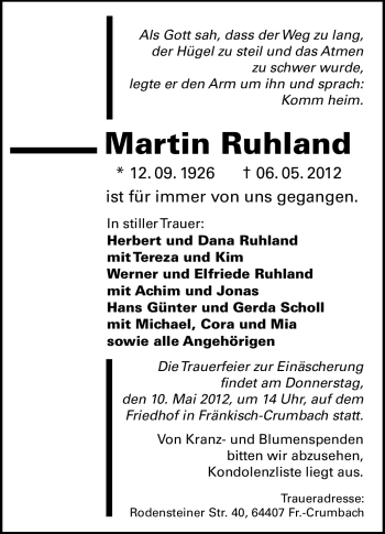 Traueranzeige von Martin Ruhland von Odenwälder Echo