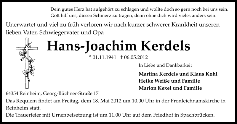  Traueranzeige für Hans-Joachim Kerdels vom 14.05.2012 aus Darmstädter Echo, Odenwälder Echo, Rüsselsheimer Echo, Groß-Gerauer-Echo, Ried Echo