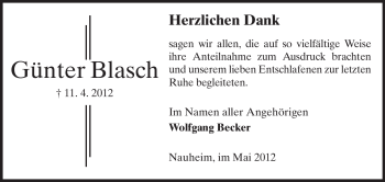 Traueranzeige von Günter Blasch von Rüsselsheimer Echo, Groß-Gerauer-Echo, Ried Echo