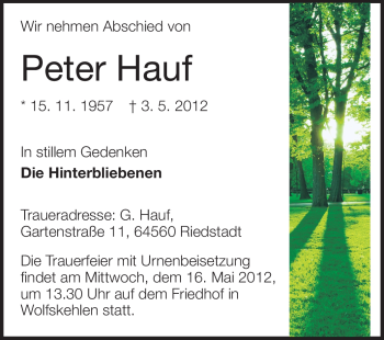 Traueranzeige von Peter Hauf von Rüsselsheimer Echo, Groß-Gerauer-Echo, Ried Echo