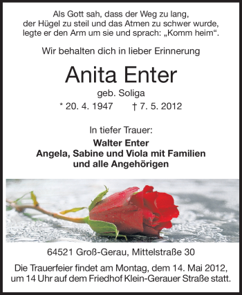 Traueranzeige von Anita Enter von Rüsselsheimer Echo, Groß-Gerauer-Echo, Ried Echo