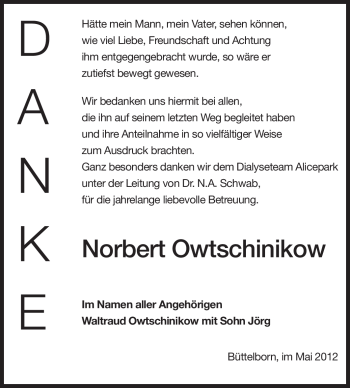 Traueranzeige von Norbert Owtschinikow von Echo-Zeitungen (Gesamtausgabe)