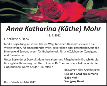 Traueranzeige von Anna Katharina Mohr von Odenwälder Echo