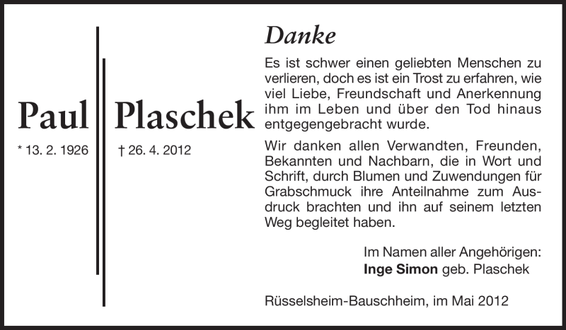  Traueranzeige für Paul Plaschek vom 11.05.2012 aus Rüsselsheimer Echo, Groß-Gerauer-Echo, Ried Echo
