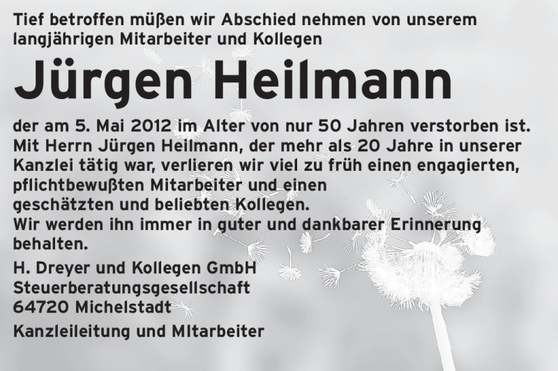  Traueranzeige für Jürgen Heilmann vom 12.05.2012 aus Odenwälder Echo