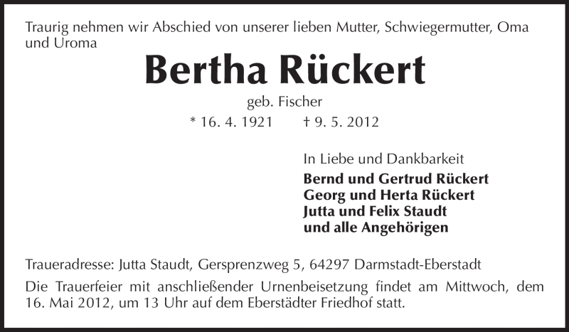  Traueranzeige für Bertha Rückert vom 12.05.2012 aus Echo-Zeitungen (Gesamtausgabe)