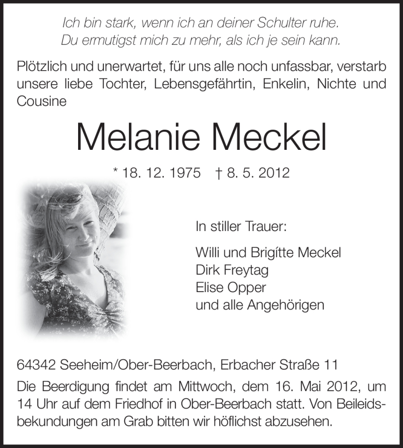  Traueranzeige für Melanie Meckel vom 12.05.2012 aus Echo-Zeitungen (Gesamtausgabe)