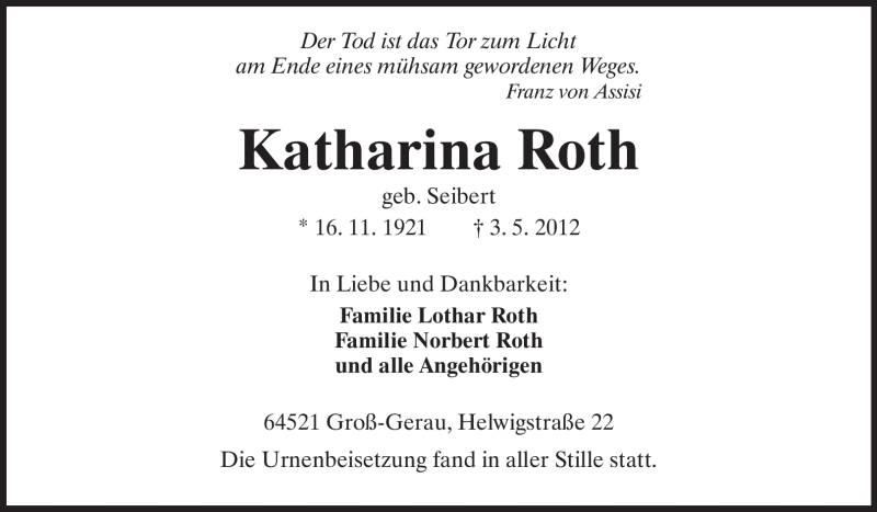  Traueranzeige für Katharina Roth vom 19.05.2012 aus Rüsselsheimer Echo, Groß-Gerauer-Echo, Ried Echo