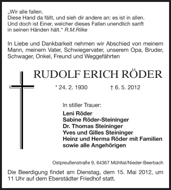 Traueranzeige von Rudolf Erich Röder von Echo-Zeitungen (Gesamtausgabe)