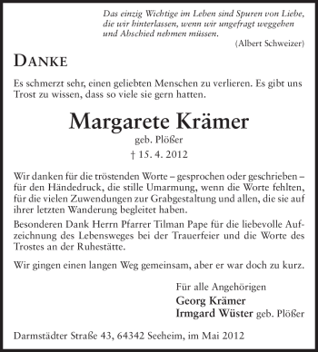 Traueranzeige von Margarete Krämer von Echo-Zeitungen (Gesamtausgabe)