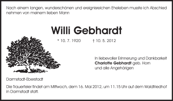 Traueranzeige von Willi Gebhardt von Echo-Zeitungen (Gesamtausgabe)