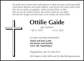 Traueranzeige von Ottilie Gaide von Starkenburger Echo