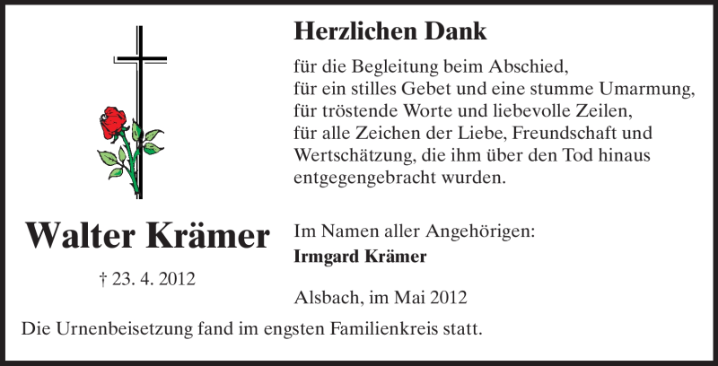  Traueranzeige für Walter Krämer vom 12.05.2012 aus Echo-Zeitungen (Gesamtausgabe)