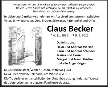Traueranzeige von Claus Becker von Odenwälder Echo