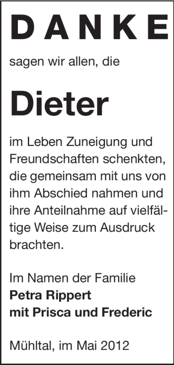 Traueranzeige von Dieter Rippert von Echo-Zeitungen (Gesamtausgabe)