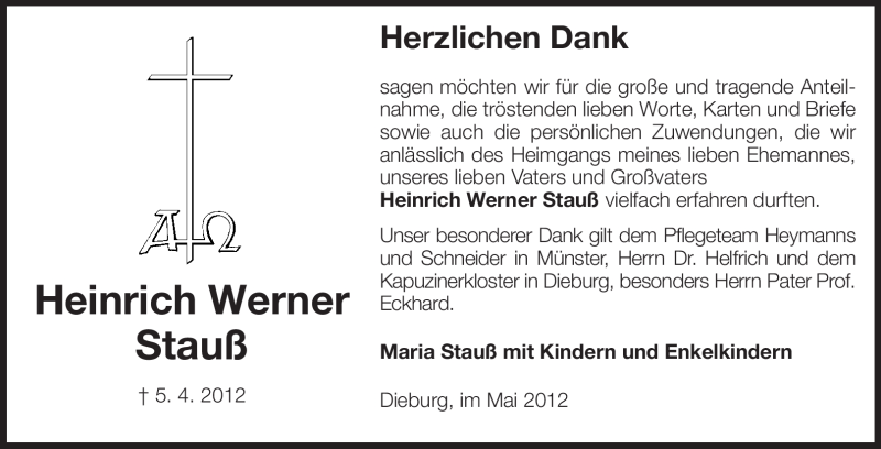  Traueranzeige für Heinrich Werner Stauß vom 14.05.2012 aus Echo-Zeitungen (Gesamtausgabe)