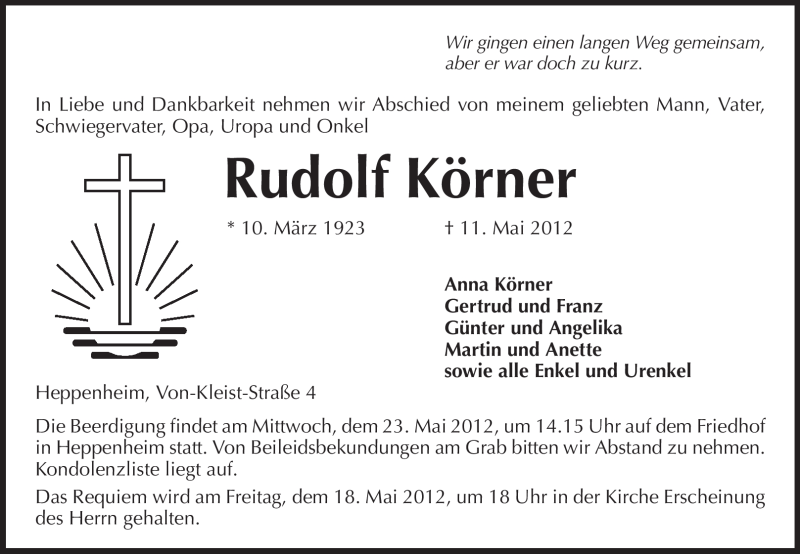 Traueranzeige für Rudolf Körner vom 14.05.2012 aus Starkenburger Echo
