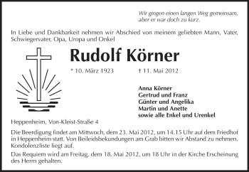 Traueranzeige von Rudolf Körner von Starkenburger Echo