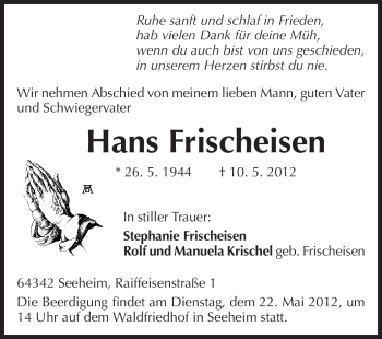 Traueranzeige von Hans Frischeisen von Echo-Zeitungen (Gesamtausgabe)