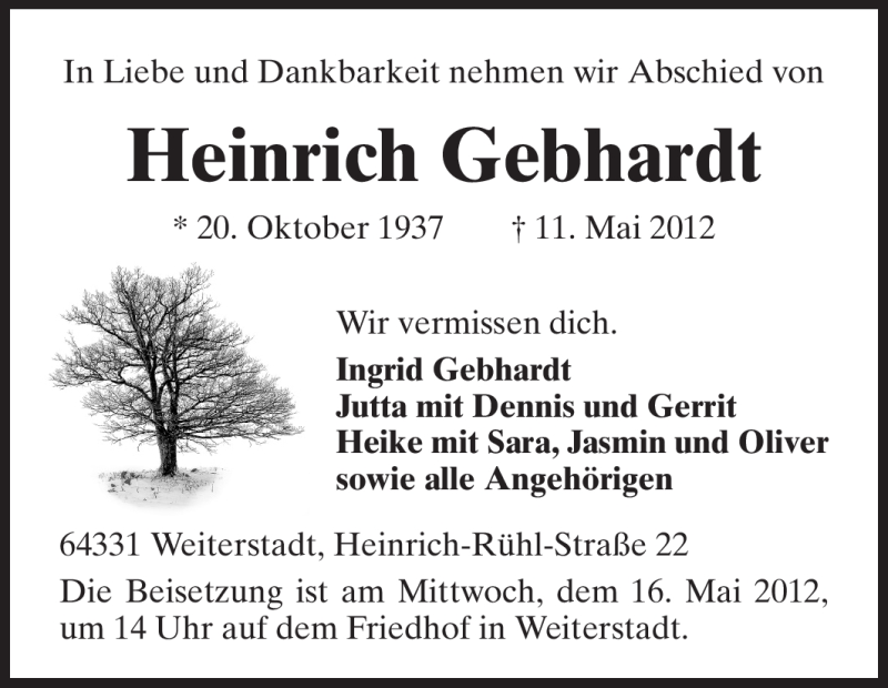  Traueranzeige für Heinrich Gebhardt vom 14.05.2012 aus Echo-Zeitungen (Gesamtausgabe)