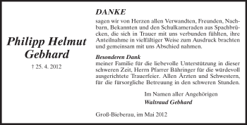 Traueranzeige von Philipp Helmut Gebhard von Darmstädter Echo, Odenwälder Echo, Rüsselsheimer Echo, Groß-Gerauer-Echo, Ried Echo