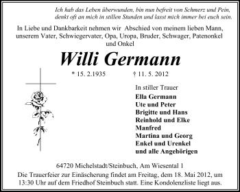 Traueranzeige von Willi Germann von Odenwälder Echo