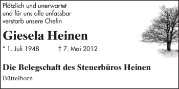 Traueranzeige von Giesela Heinen von Darmstädter Echo, Odenwälder Echo, Rüsselsheimer Echo, Groß-Gerauer-Echo, Ried Echo