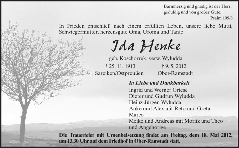  Traueranzeige für Ida Henke vom 15.05.2012 aus Echo-Zeitungen (Gesamtausgabe)