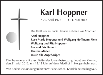 Traueranzeige von Karl Hoppner von Starkenburger Echo