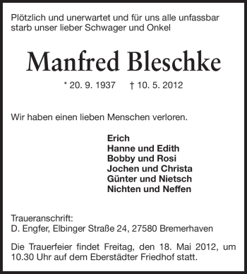 Traueranzeige von Manfred Bleschke von Echo-Zeitungen (Gesamtausgabe)