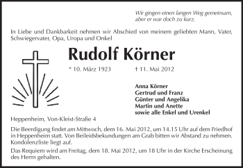 Traueranzeige von Rudolf Körner von Starkenburger Echo