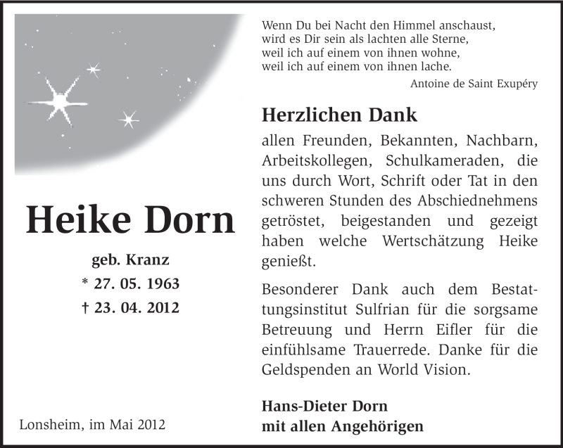  Traueranzeige für Heike Dorn vom 16.05.2012 aus Rüsselsheimer Echo, Groß-Gerauer-Echo, Ried Echo