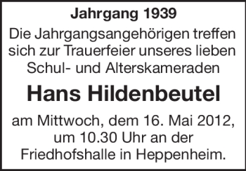 Traueranzeige von Hans Hildenbeutel von Starkenburger Echo