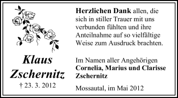 Traueranzeige von Klaus Zschernitz von Odenwälder Echo