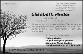 Traueranzeige von Elisabeth Ander von Echo-Zeitungen (Gesamtausgabe)