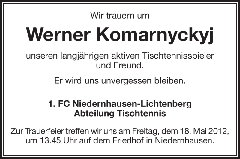  Traueranzeige für Werner Komarnyckyj vom 16.05.2012 aus Echo-Zeitungen (Gesamtausgabe)