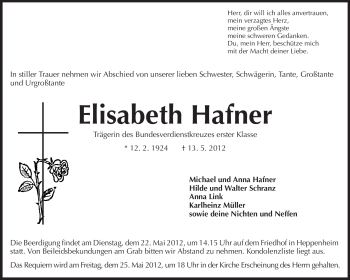 Traueranzeige von Elisabeth Hafner von Starkenburger Echo